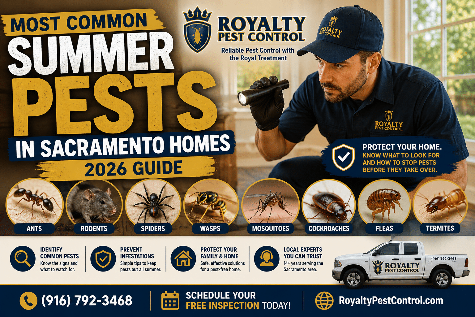 Royalty Pest Control technician inspecting a Sacramento home with common summer pests including ants, rodents, spiders, wasps, mosquitoes, cockroaches, fleas, and termites.