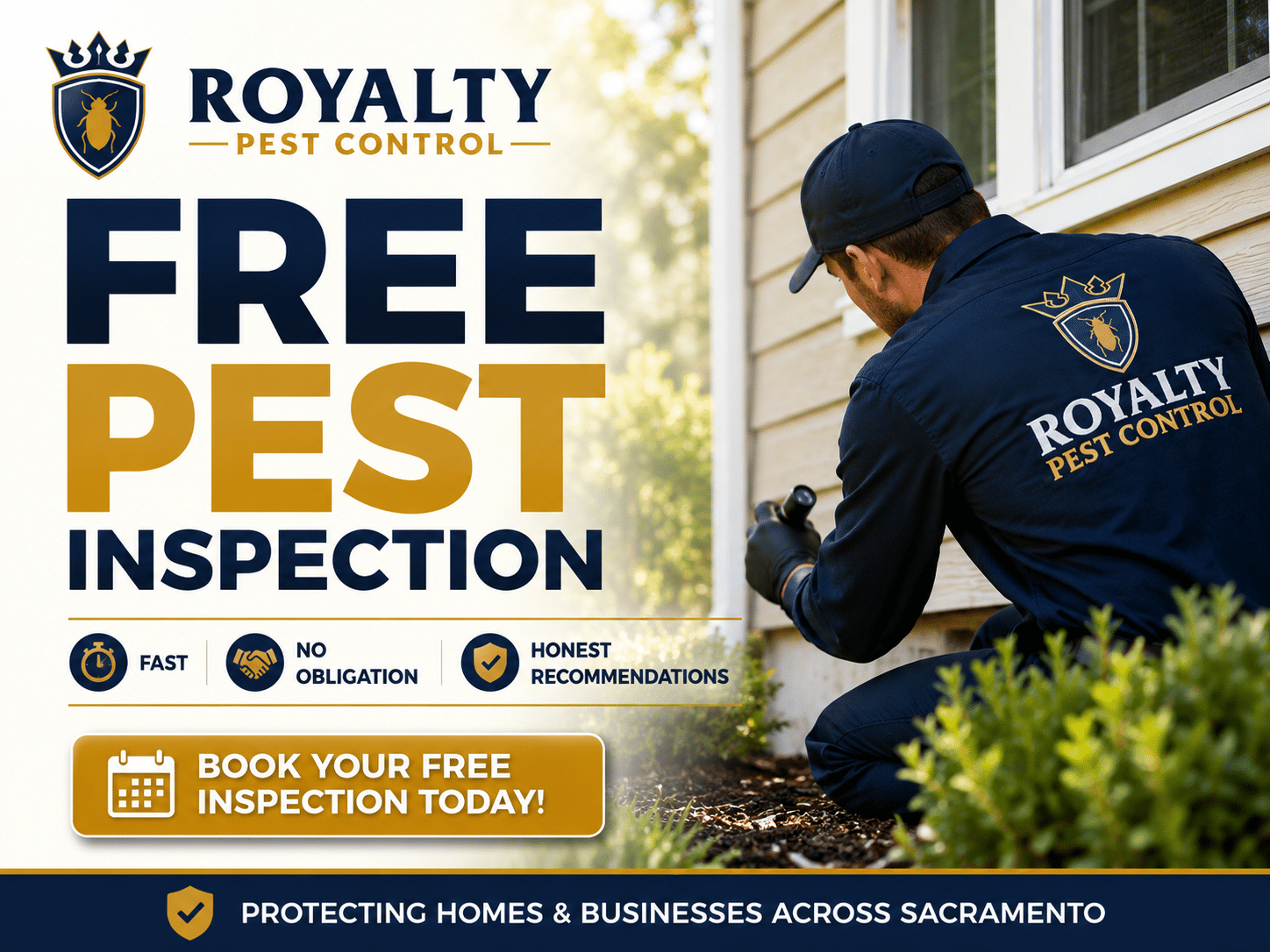 Royalty Pest Control technician inspecting a Sacramento home for pests with free inspection service details.