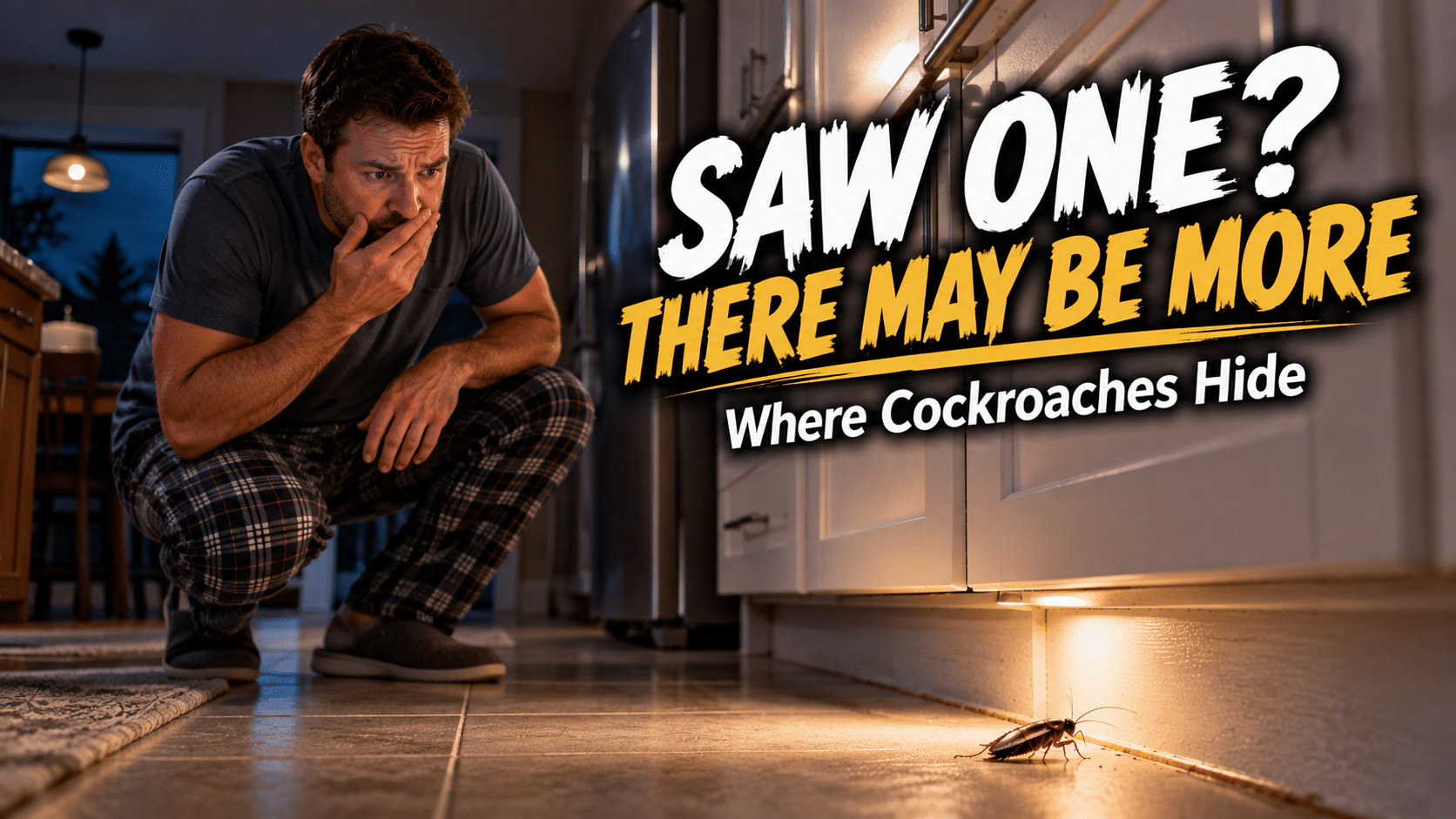 Homeowner discovering a cockroach hiding beneath kitchen cabinets at night in a Sacramento home