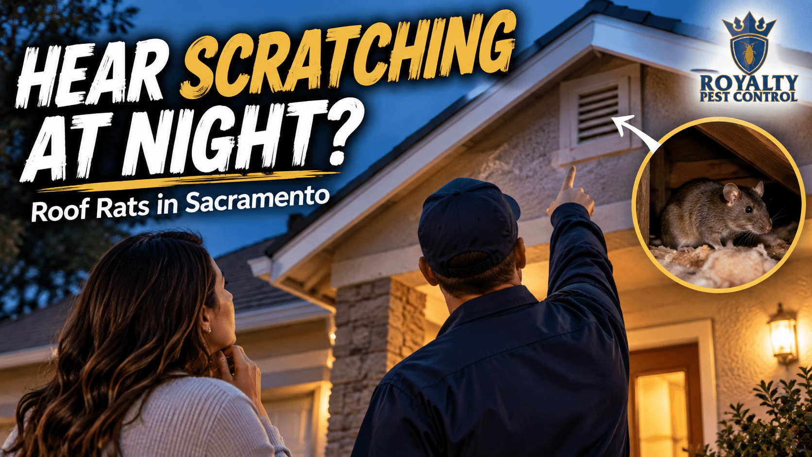 Homeowner and pest control technician checking a Sacramento home for roof rats after hearing scratching in the attic