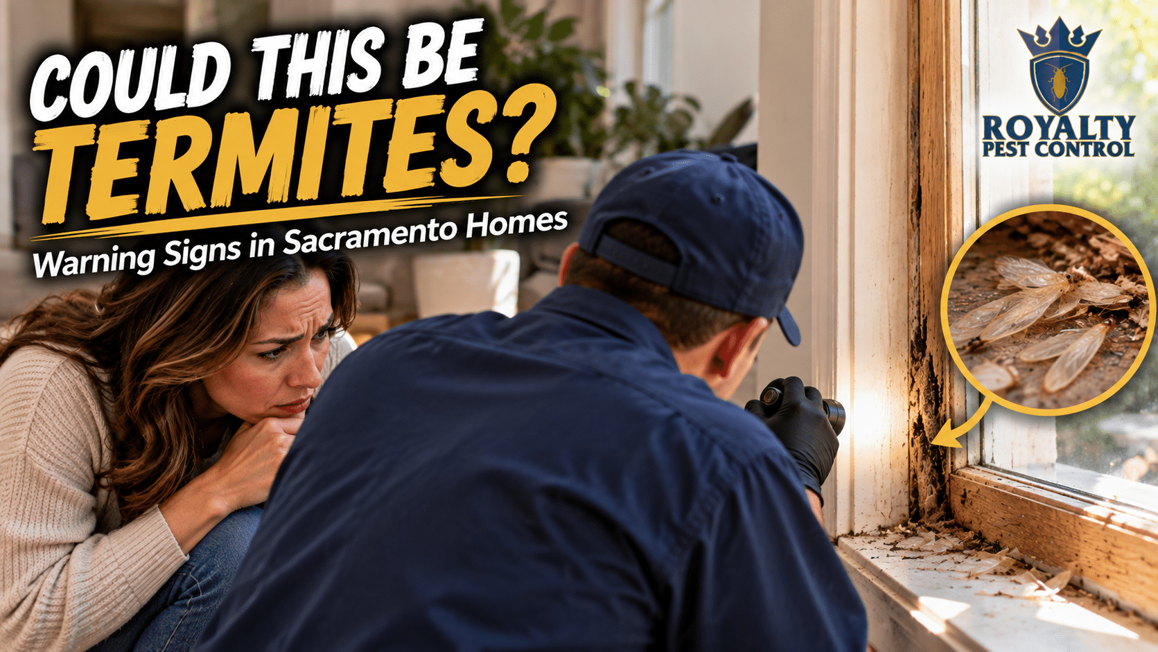 Homeowner watching a pest control technician inspect damaged wood for signs of termites in a Sacramento home